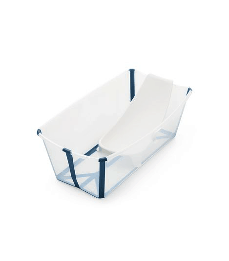 Stokke Flexi Bath in transparent blue open with newborn insert