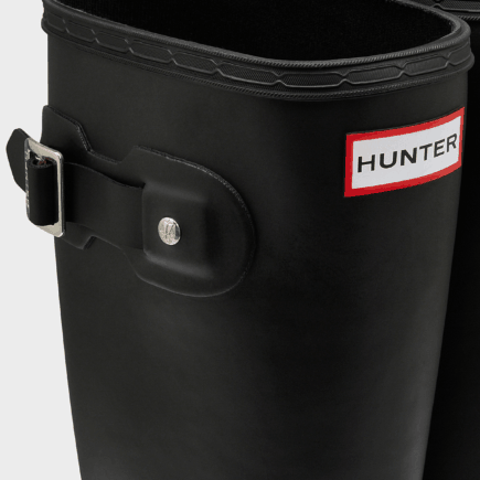 Hunter Packable Rain Boots black closeup on top buckle and logo
