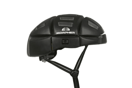 Morpher helmet matte black full view from side with chin strap