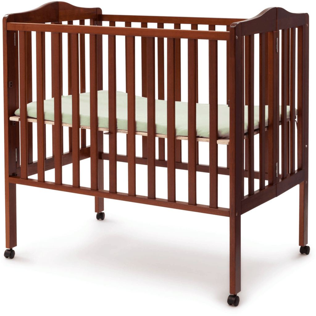 Delta Children Portable Mini Crib in cherry open on wheels in higher height setting for infants