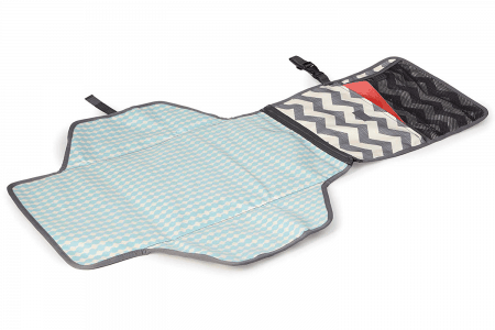 Skip Hop Pronto Signature Changing Station in Chevron open turquoise changing mat with gray and white zigzag pouch