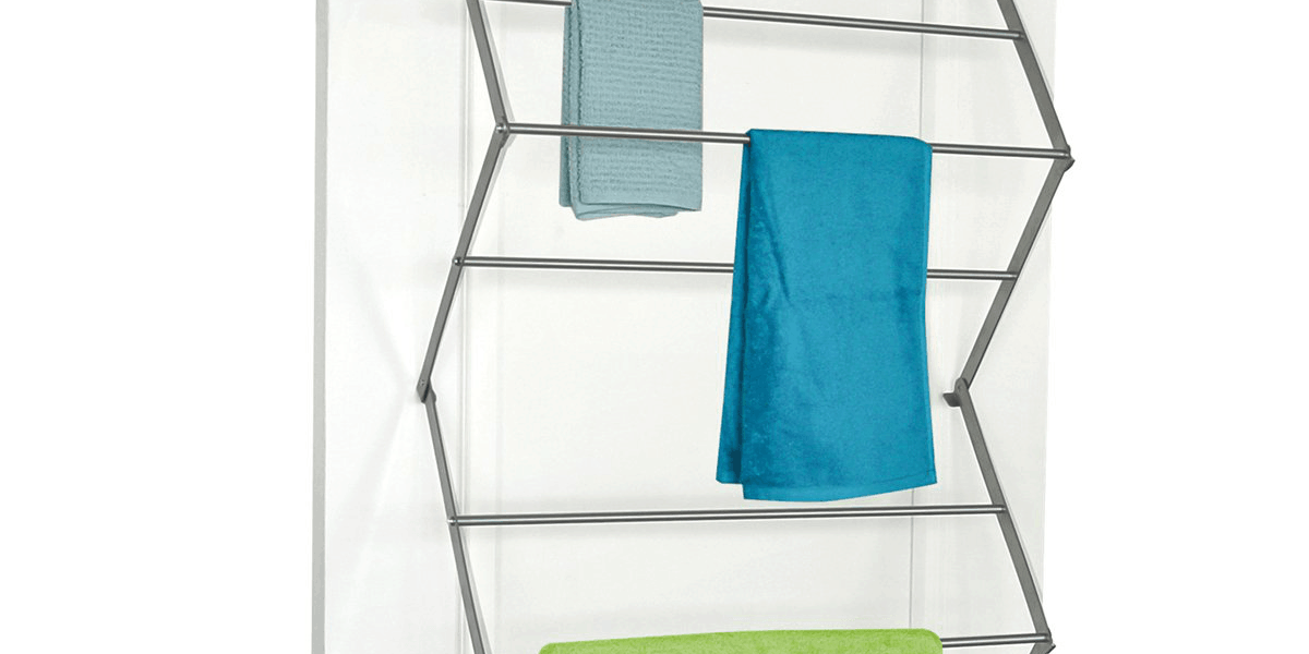 Homz over-the-door towel and garment drying rack open with three green and blue towels draped over it