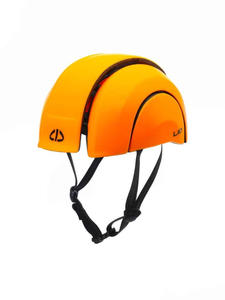 LID-Plico helmet in orange open from front side view