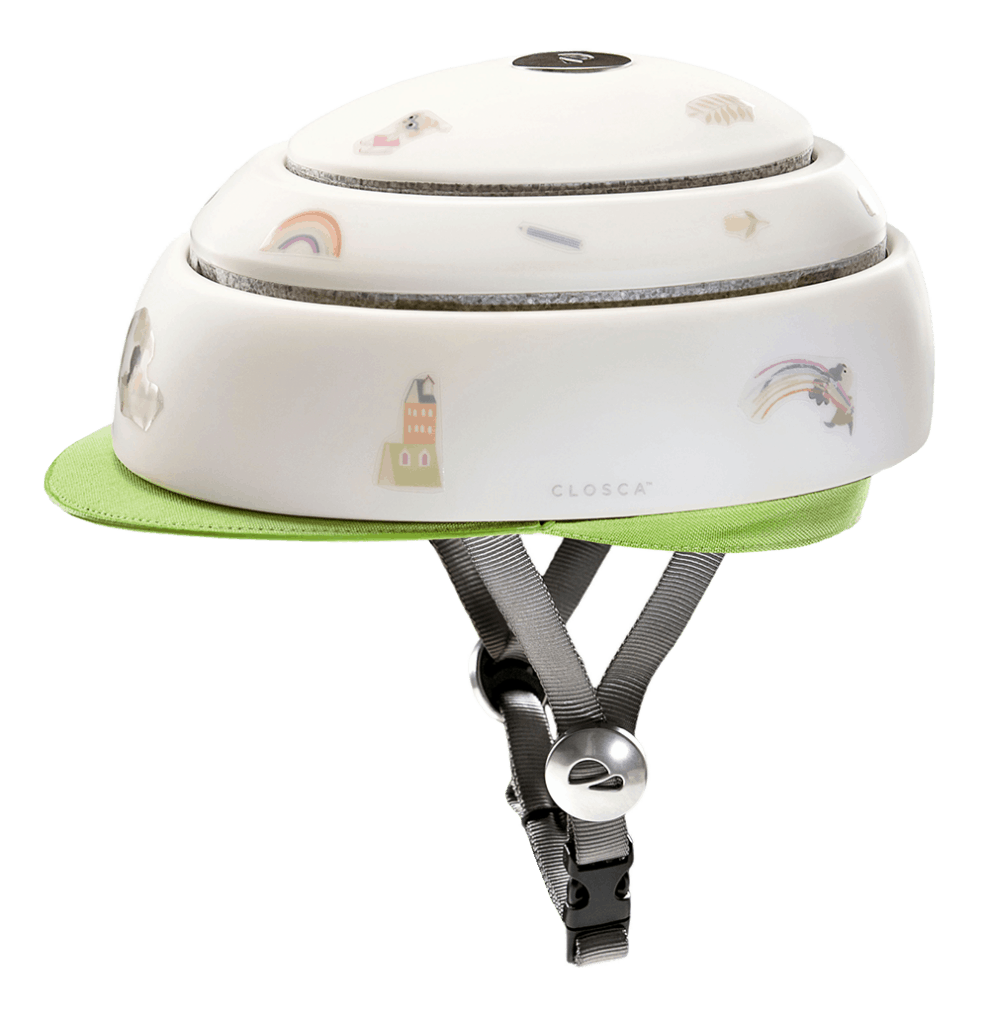 Closca Fuga in white with leaf green visor and stickers side view